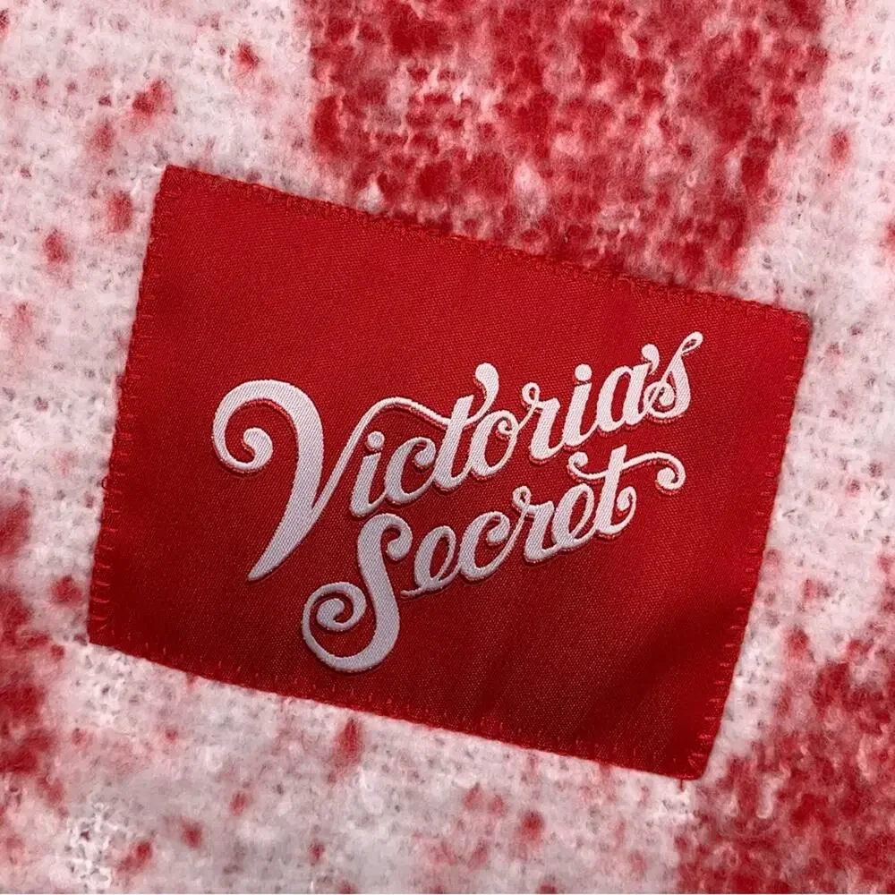 Victoria's Secret NWT Fringe Scarf Heart Print Red and White Logo Patch